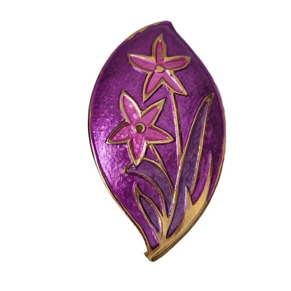 Purple & Gold Tone Flower Brooch 2 2/5" Modern Floral Feminine Locking C Clasp - Picture 2 of 7